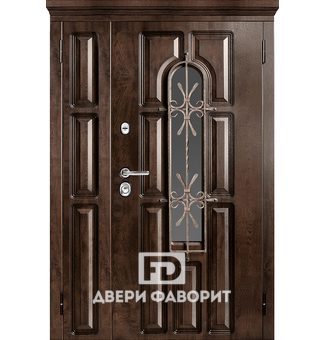 Дверь двустворчатая со стеклом и ковкой для коттеджа